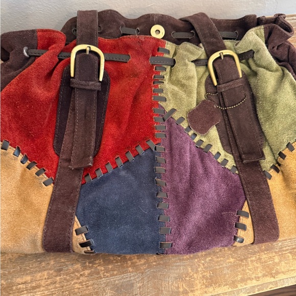 70's Retro Red Bohemian Style Suede Patchwork Leather Satchel Hobo Shoulder Bag - Picture 5 of 9